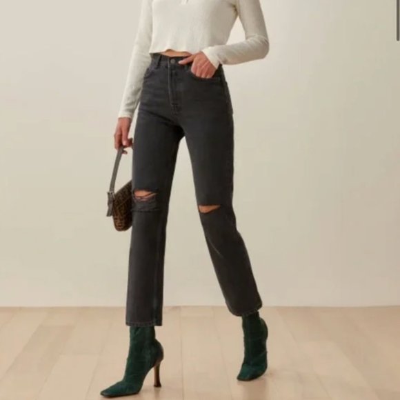Reformation Cynthia High Rise Straight Jeans - Lagoon Destroyed SIZE 31